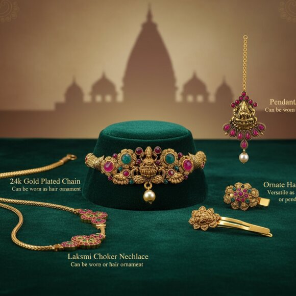 Stunning Indian Temple Jewelry Set 24k Goldplated, Kemp Stones - Set of 4 Lot! - Picture 4 of 9